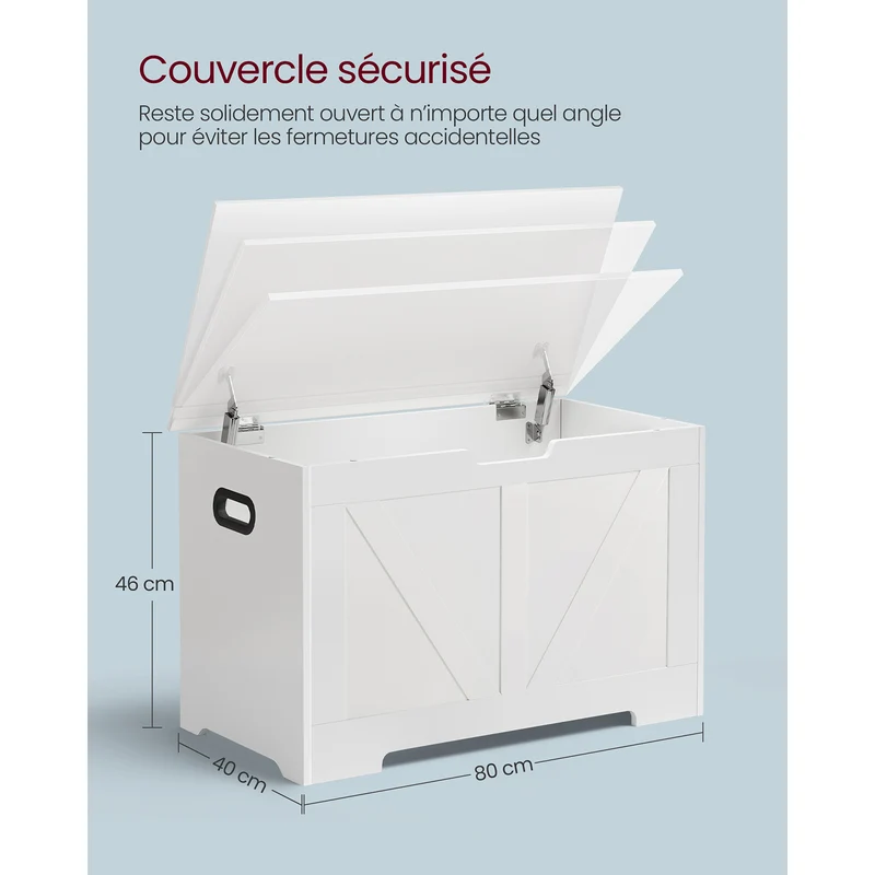 Coffre de rangement intérieur banc à chaussures pouf banquette rangement pour jouet enfant avec charnières de sécurité style grange 100 x 40 x 46 cm blanc 12_0005142