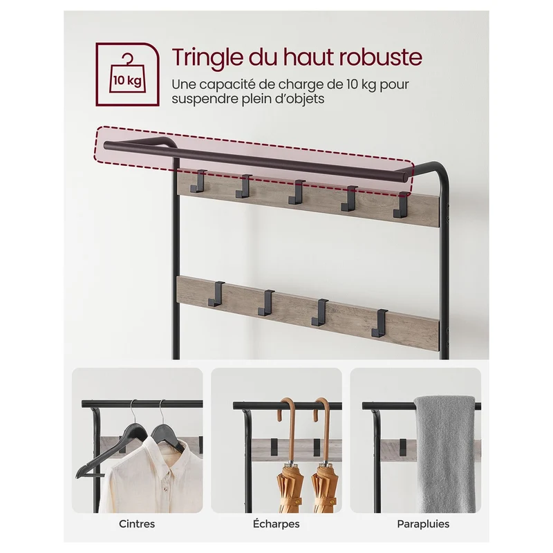 Portemanteau vestiaire meuble d’entrée avec crochets amovible banc et étagère à chaussures longueur 84 cm cadre en métal style industrielmarron rustique et noir 12_0007142