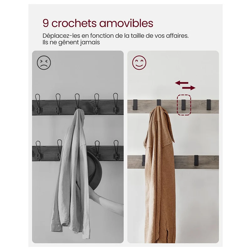 Portemanteau vestiaire meuble d’entrée avec crochets amovible banc et étagère à chaussures longueur 84 cm cadre en métal style industrielmarron rustique et noir 12_0007142
