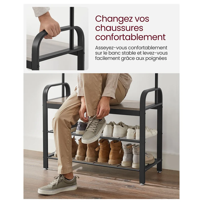 Portemanteau vestiaire meuble d’entrée avec crochets amovible banc et étagère à chaussures longueur 84 cm cadre en métal style industrielmarron rustique et noir 12_0007142
