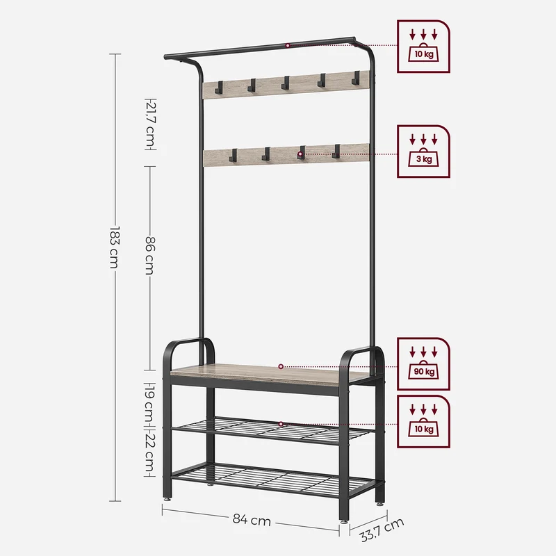 Portemanteau vestiaire meuble d’entrée avec crochets amovible banc et étagère à chaussures longueur 84 cm cadre en métal style industrielmarron rustique et noir 12_0007142