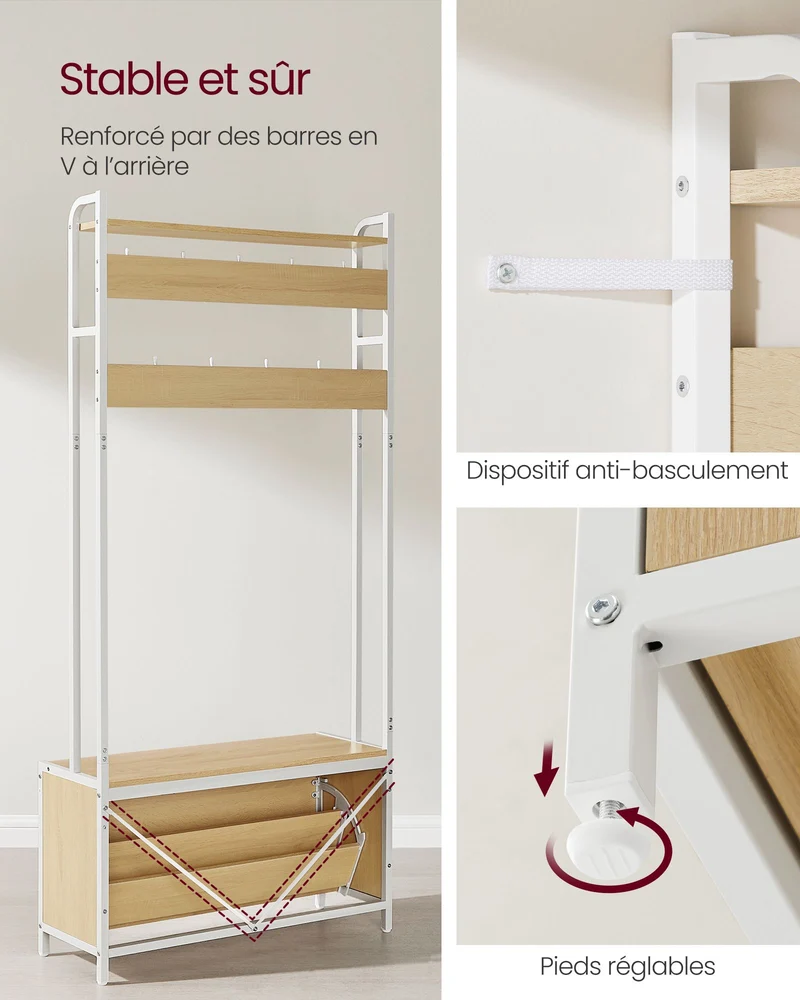 Meuble d’entrée avec banc 9 crochets et étagère porte-manteaux vestiaire pour couloir chambre style industriel marron rustique et noir 12_0006387