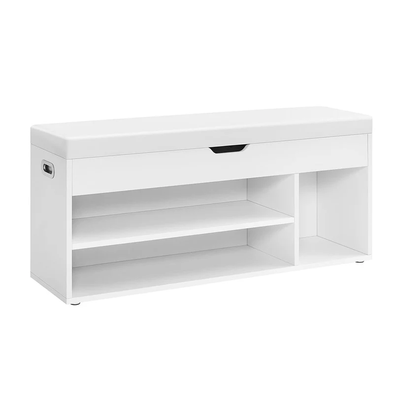 Banc à chaussures rembourré banc de rangement 3 compartiments rangement caché étagères pour salon entrée chambre capacité de charge 150 kg blanc 12_0004106