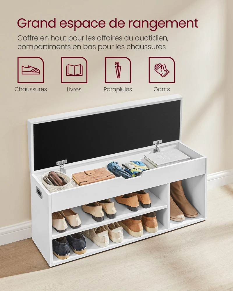 Banc à chaussures rembourré banc de rangement 3 compartiments rangement caché étagères pour salon entrée chambre capacité de charge 150 kg blanc 12_0004106