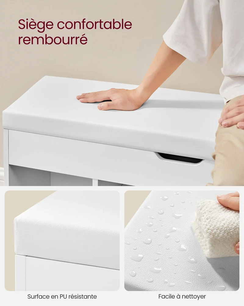 Banc à chaussures rembourré banc de rangement 3 compartiments rangement caché étagères pour salon entrée chambre capacité de charge 150 kg blanc 12_0004106