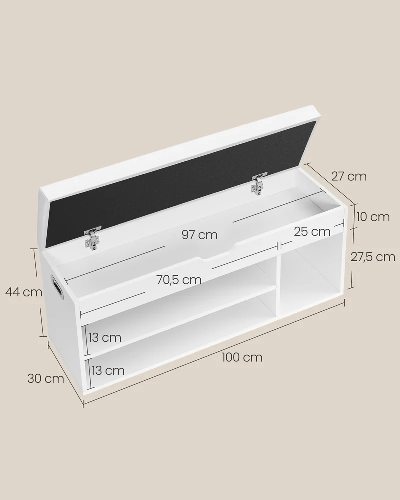 Banc à chaussures rembourré banc de rangement 3 compartiments rangement caché étagères pour salon entrée chambre capacité de charge 150 kg blanc 12_0004106