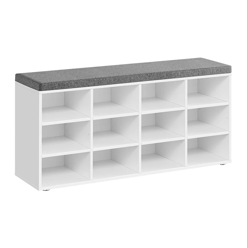 Banc à chaussures meuble d’entrée avec siège étagère à chaussures avec coussin et 12 compartiments étagères réglables pour couloir salon 303 x 104 x 48 cm blanc 12_0004091