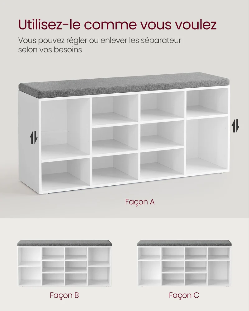 Banc à chaussures meuble d’entrée avec siège étagère à chaussures avec coussin et 12 compartiments étagères réglables pour couloir salon 303 x 104 x 48 cm blanc 12_0004091