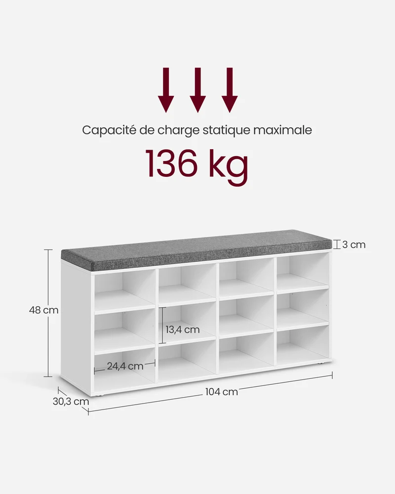 Banc à chaussures meuble d’entrée avec siège étagère à chaussures avec coussin et 12 compartiments étagères réglables pour couloir salon 303 x 104 x 48 cm blanc 12_0004091