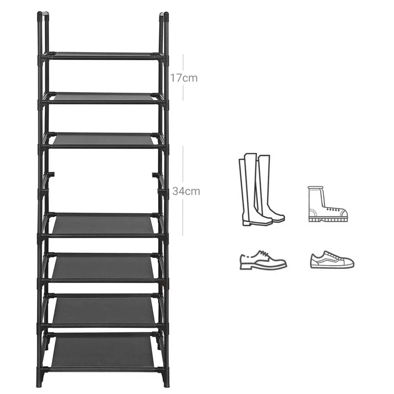 Étagère à chaussures à 8 niveaux meuble de rangement cadre en métal étagère en tissu non-tissé 16-20 paires pour entrée salon chambre 46 x 28 x 145 cm noir 12_0003567
