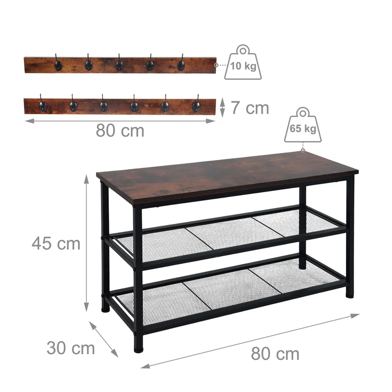 Etagère à chaussures et vestiaire mural design industriel 90 x 28 x 170 cm en métal noir 13_0017295