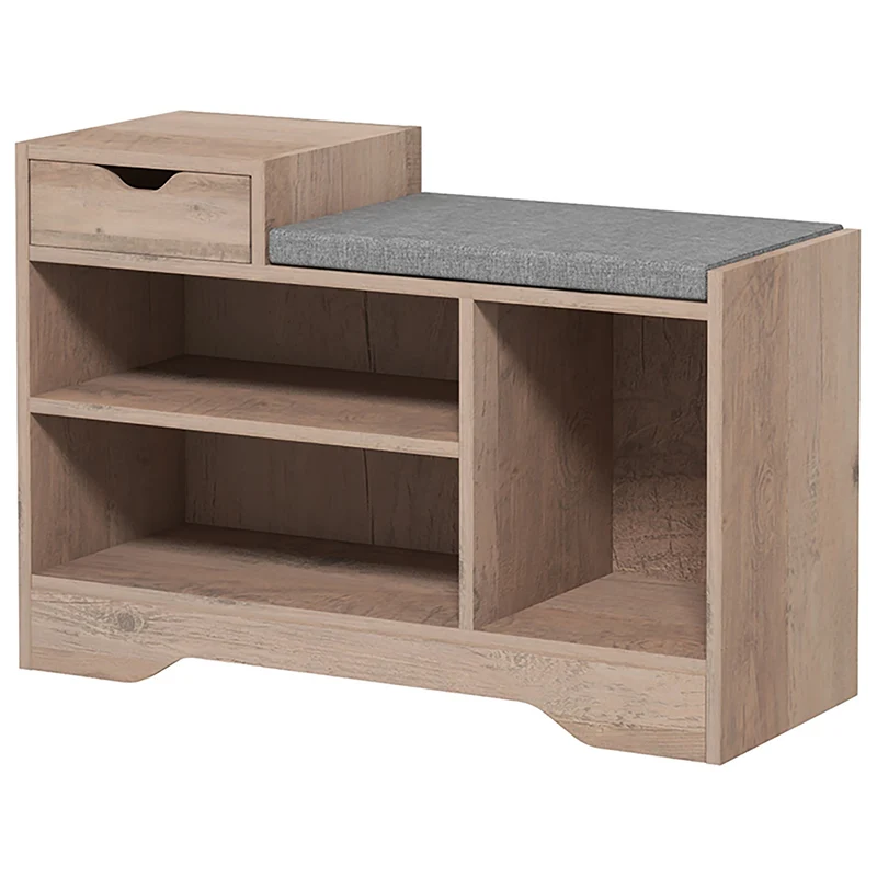 Banc à chaussures entrée 76,5 x 30 x 52 cm rangement 3 compartiments assise rembourrée contemporain épuré en MDF gris 21_0002697