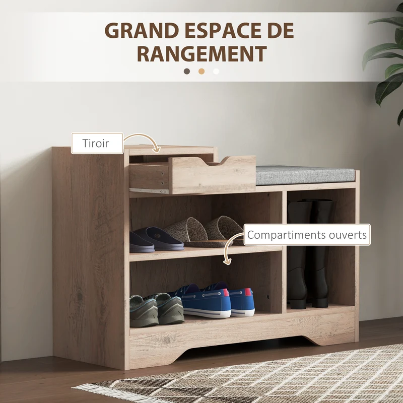 Banc à chaussures entrée 76,5 x 30 x 52 cm rangement 3 compartiments assise rembourrée contemporain épuré en MDF gris 21_0002697