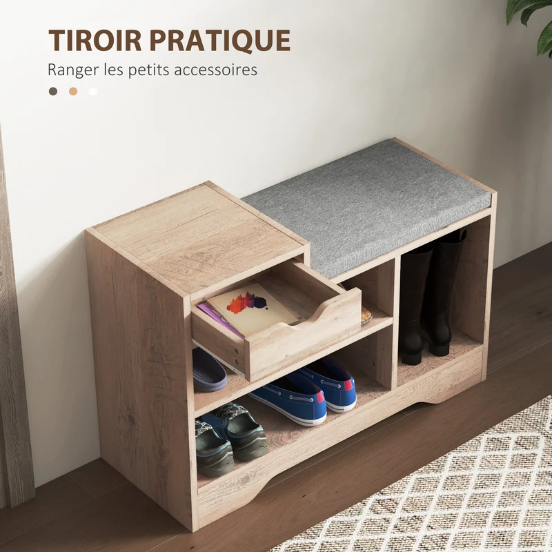 Banc à chaussures entrée 76,5 x 30 x 52 cm rangement 3 compartiments assise rembourrée contemporain épuré en MDF gris 21_0002697
