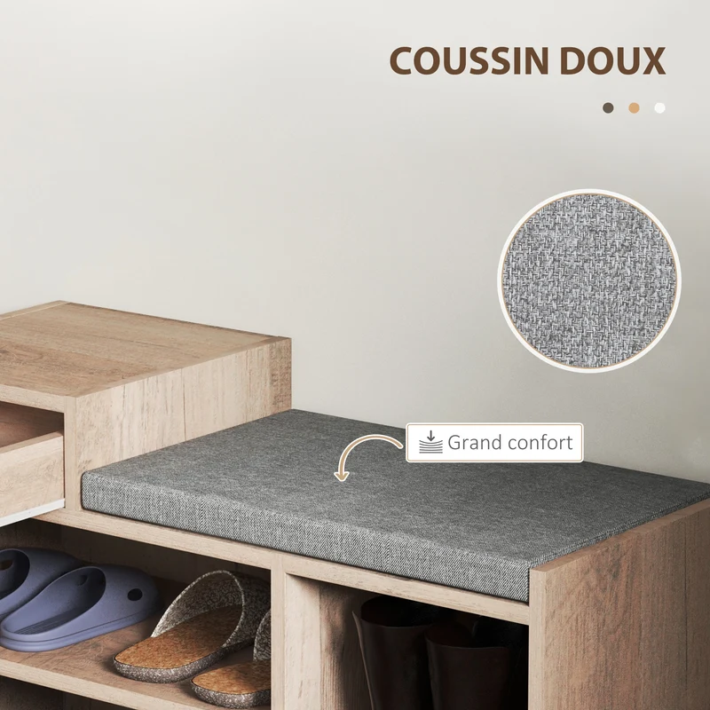 Banc à chaussures entrée 76,5 x 30 x 52 cm rangement 3 compartiments assise rembourrée contemporain épuré en MDF gris 21_0002697