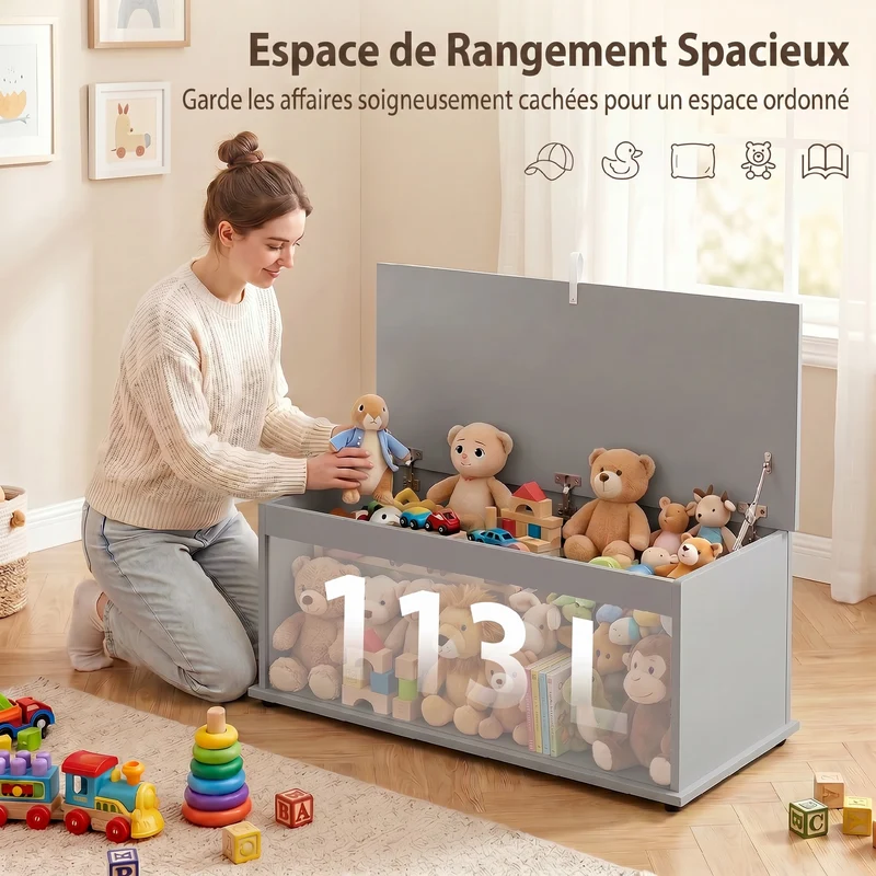 Coffre de rangement banc 100 x 40 x 40 cm couvercle sécurisé support 120 kg moderne en panneaux de particules gris 21_0001706