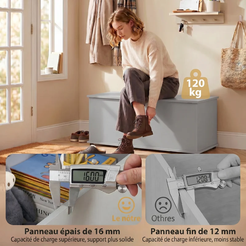Coffre de rangement banc 100 x 40 x 40 cm couvercle sécurisé support 120 kg moderne en panneaux de particules gris 21_0001706