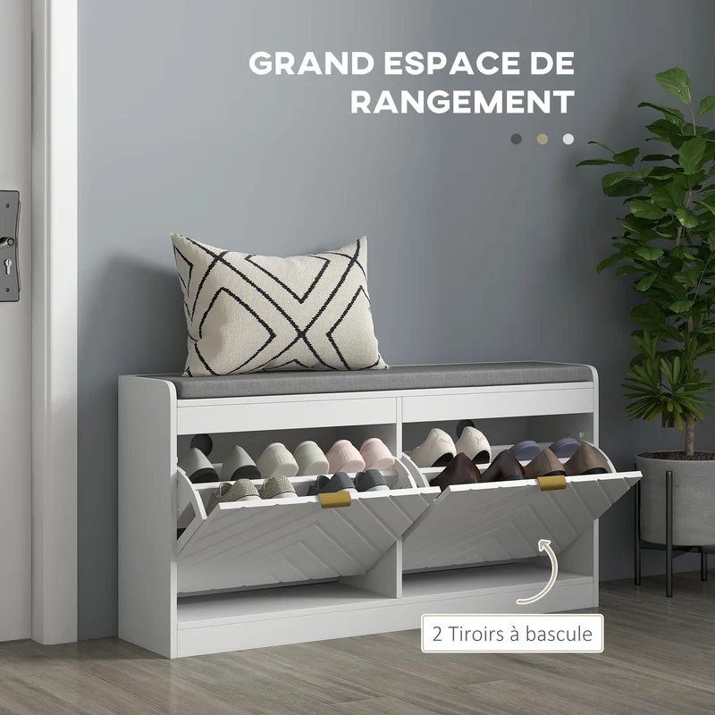 Banc à chaussures assise rembourrée 106 x 24 x 52,5 cm compact deux tiroirs basculants minimaliste pratique en MDF blanc 21_0002702