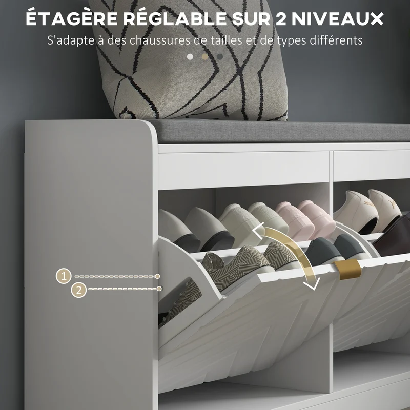 Banc à chaussures assise rembourrée 106 x 24 x 52,5 cm compact deux tiroirs basculants minimaliste pratique en MDF blanc 21_0002702