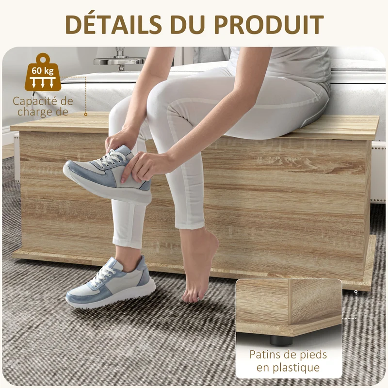 Coffre de rangement banc d'appoint 100 x 40 x 40 cm grand rangement siège robuste pour salon moderne épuré en bois naturel 21_0001704