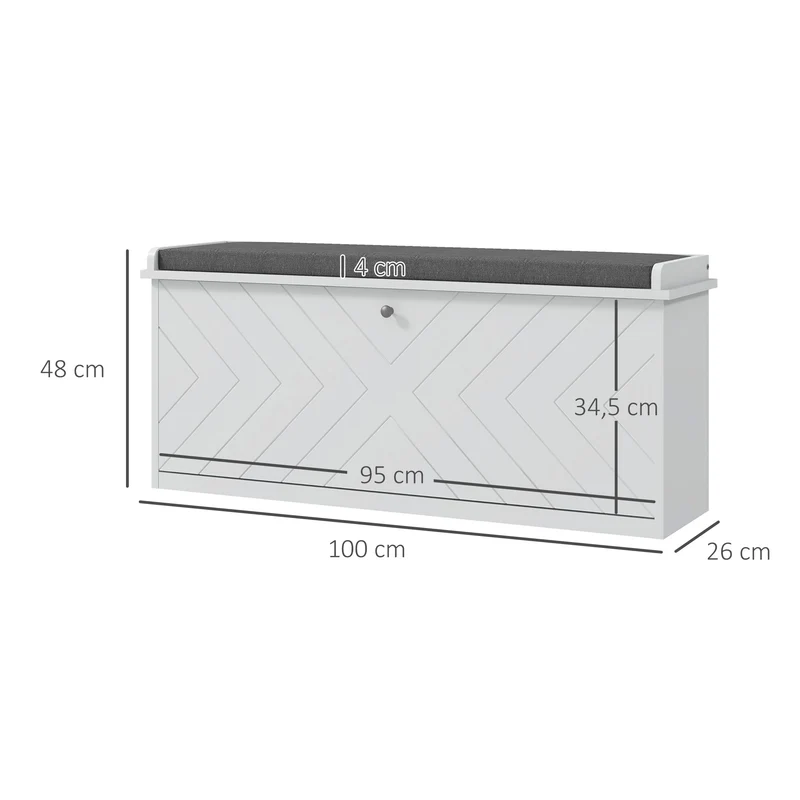Banc à chaussures d'entrée 100 x 26 x 48 cm rangement 10 paires assise rembourrée moderne finition mate en MDF blanc 21_0002703