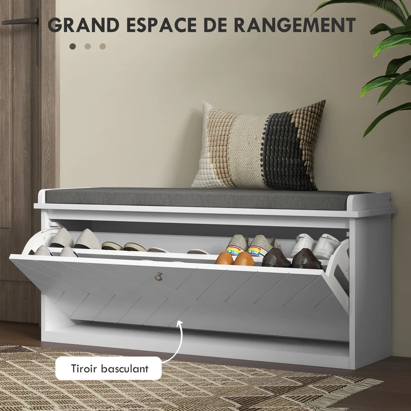Banc à chaussures d'entrée 100 x 26 x 48 cm rangement 10 paires assise rembourrée moderne finition mate en MDF blanc 21_0002703