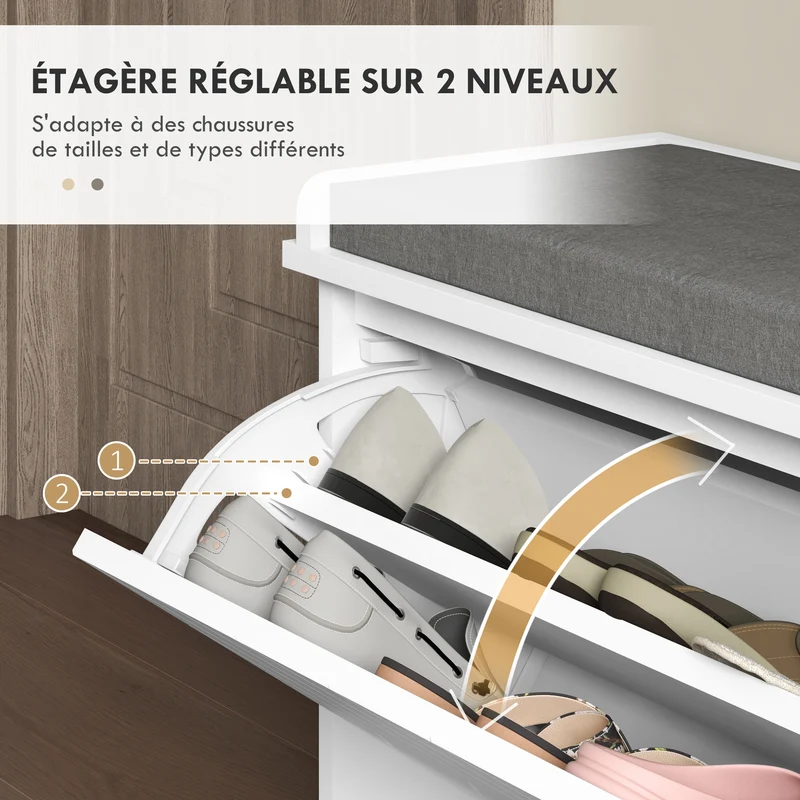 Banc à chaussures d'entrée 100 x 26 x 48 cm rangement 10 paires assise rembourrée moderne finition mate en MDF blanc 21_0002703