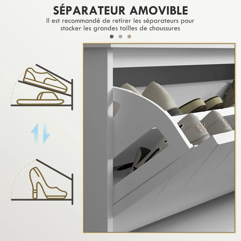 Banc à chaussures d'entrée 100 x 26 x 48 cm rangement 10 paires assise rembourrée moderne finition mate en MDF blanc 21_0002703