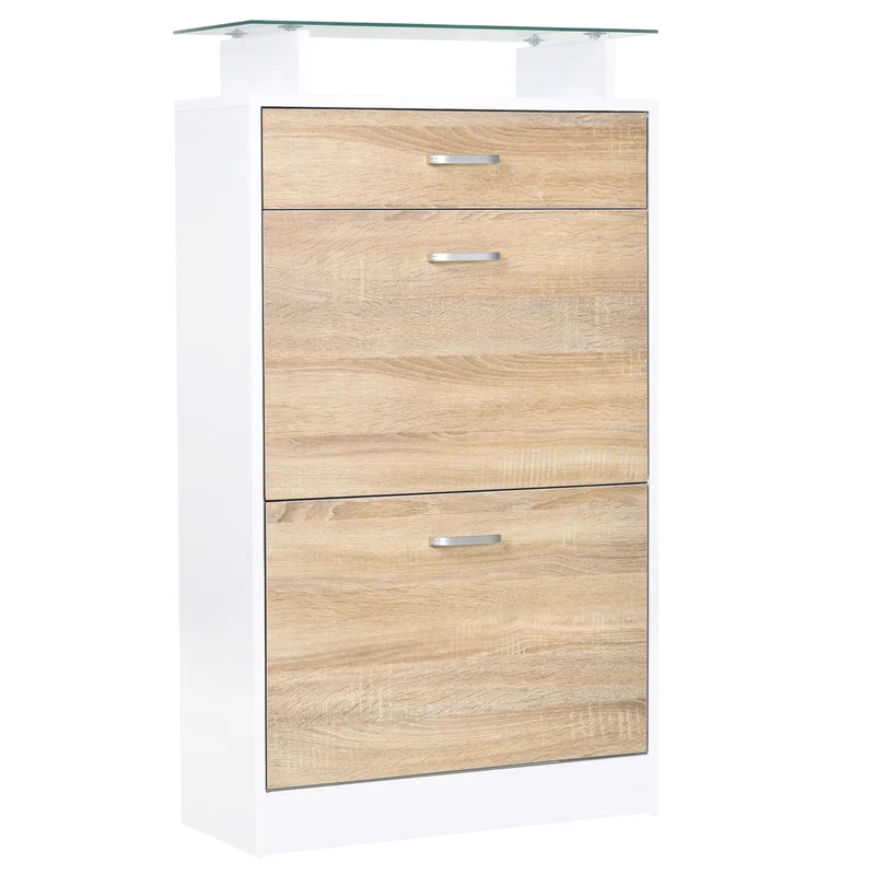 Armoire à chaussures pour entrée 60 x 24 x 105,5 cm avec tiroir et étagère en verre style design en mélaminé chêne clair 21_0002608