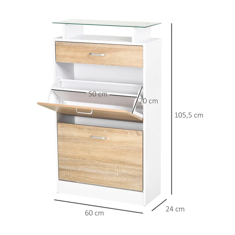 Armoire à chaussures pour entrée 60 x 24 x 105,5 cm avec tiroir et étagère en verre style design en mélaminé chêne clair 21_0002608