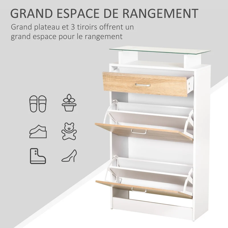 Armoire à chaussures pour entrée 60 x 24 x 105,5 cm avec tiroir et étagère en verre style design en mélaminé chêne clair 21_0002608