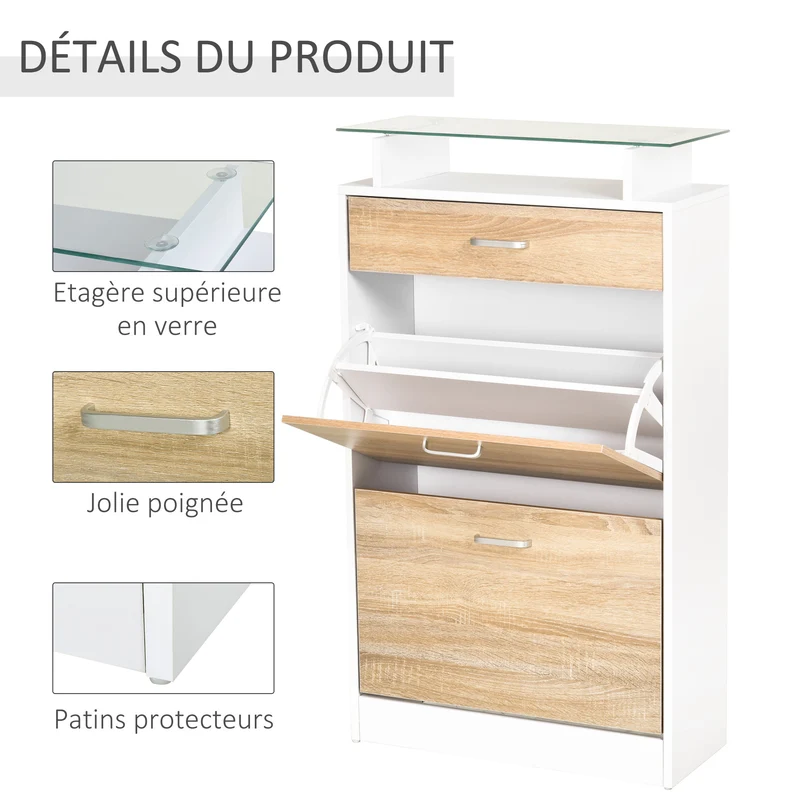 Armoire à chaussures pour entrée 60 x 24 x 105,5 cm avec tiroir et étagère en verre style design en mélaminé chêne clair 21_0002608