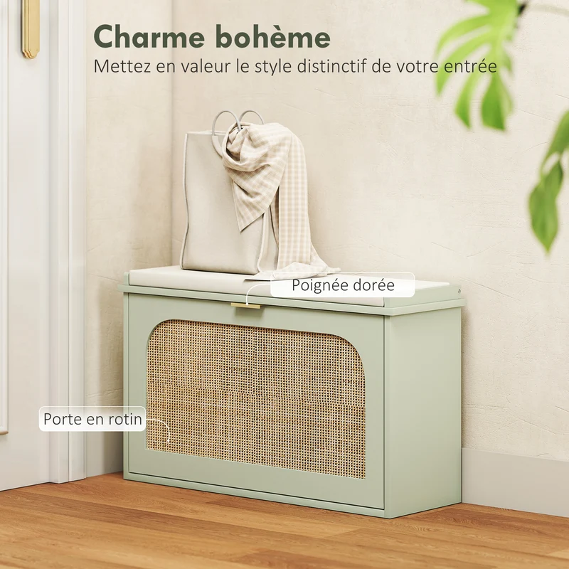 Banc à chaussures d'entrée 80 x 26 x 47,5 cm assise rembourrée rangement compact 8 paires style scandinave en MDF vert 21_0002759