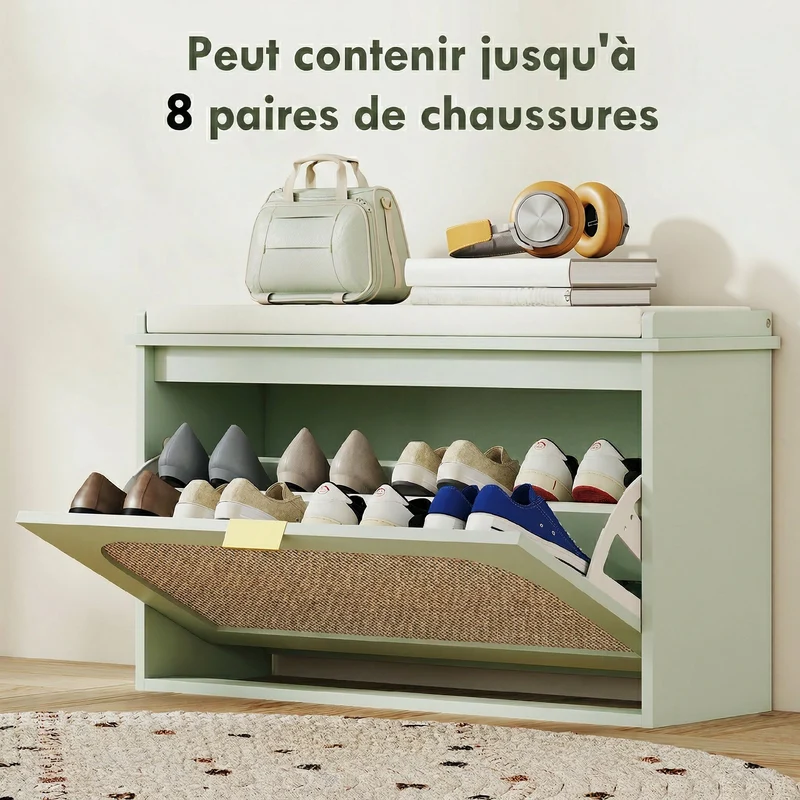 Banc à chaussures d'entrée 80 x 26 x 47,5 cm assise rembourrée rangement compact 8 paires style scandinave en MDF vert 21_0002759