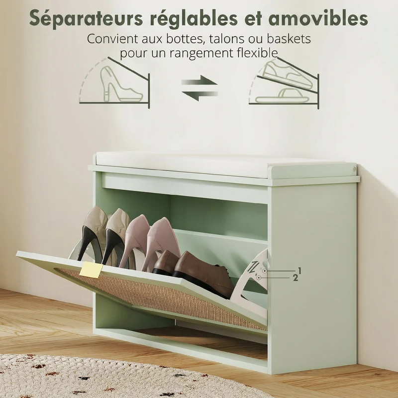 Banc à chaussures d'entrée 80 x 26 x 47,5 cm assise rembourrée rangement compact 8 paires style scandinave en MDF vert 21_0002759