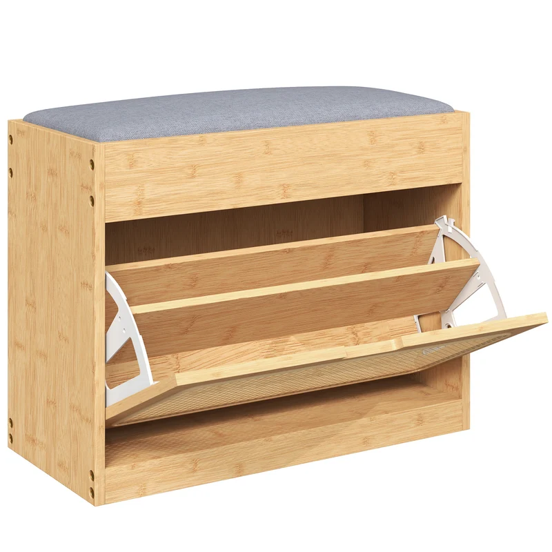 Banc à chaussures d'entrée 63 x 29 x 48 cm assise rembourrée rangement modulable scandinave épuré en bambou naturel 21_0002809