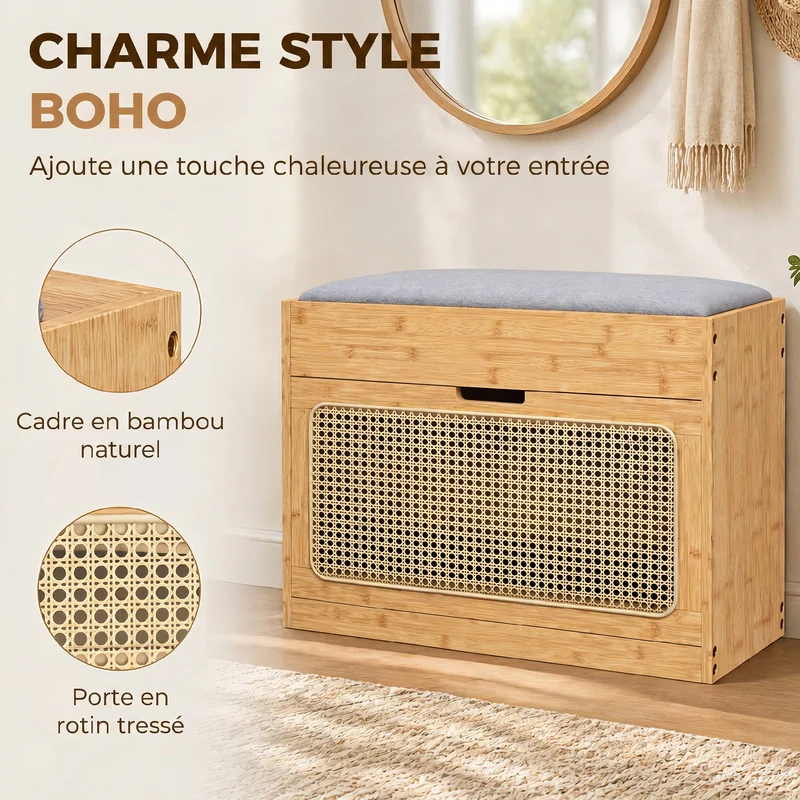 Banc à chaussures d'entrée 63 x 29 x 48 cm assise rembourrée rangement modulable scandinave épuré en bambou naturel 21_0002809
