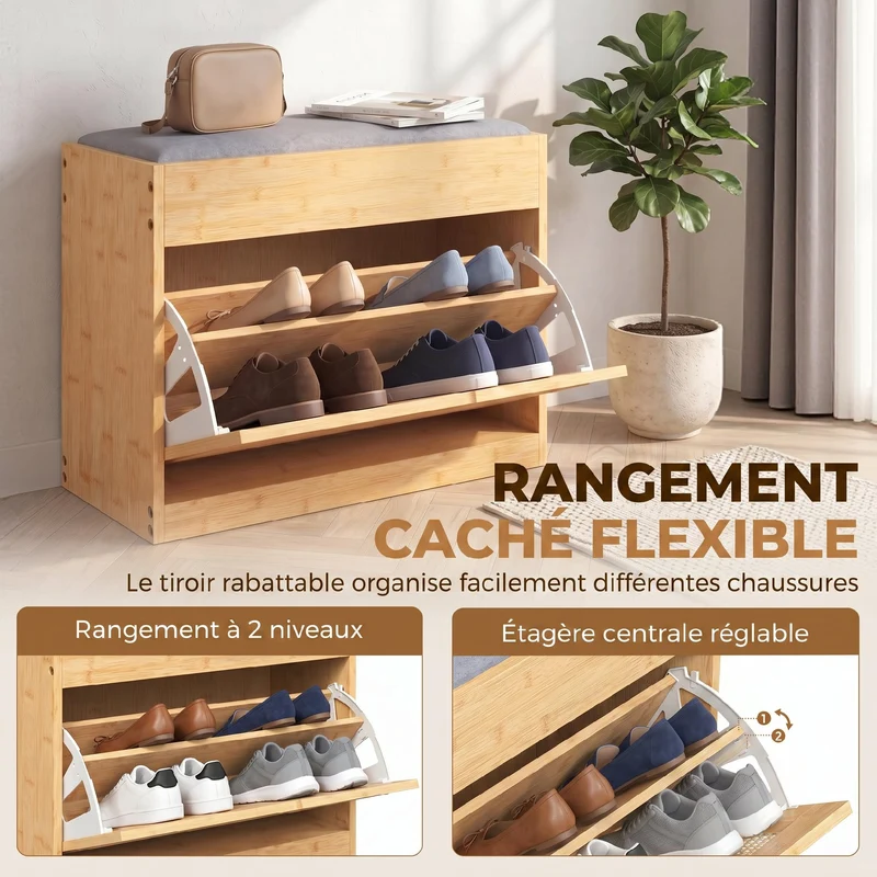 Banc à chaussures d'entrée 63 x 29 x 48 cm assise rembourrée rangement modulable scandinave épuré en bambou naturel 21_0002809