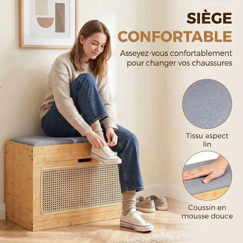 Banc à chaussures d'entrée 63 x 29 x 48 cm assise rembourrée rangement modulable scandinave épuré en bambou naturel 21_0002809