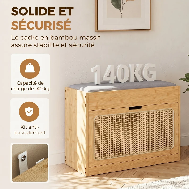 Banc à chaussures d'entrée 63 x 29 x 48 cm assise rembourrée rangement modulable scandinave épuré en bambou naturel 21_0002809