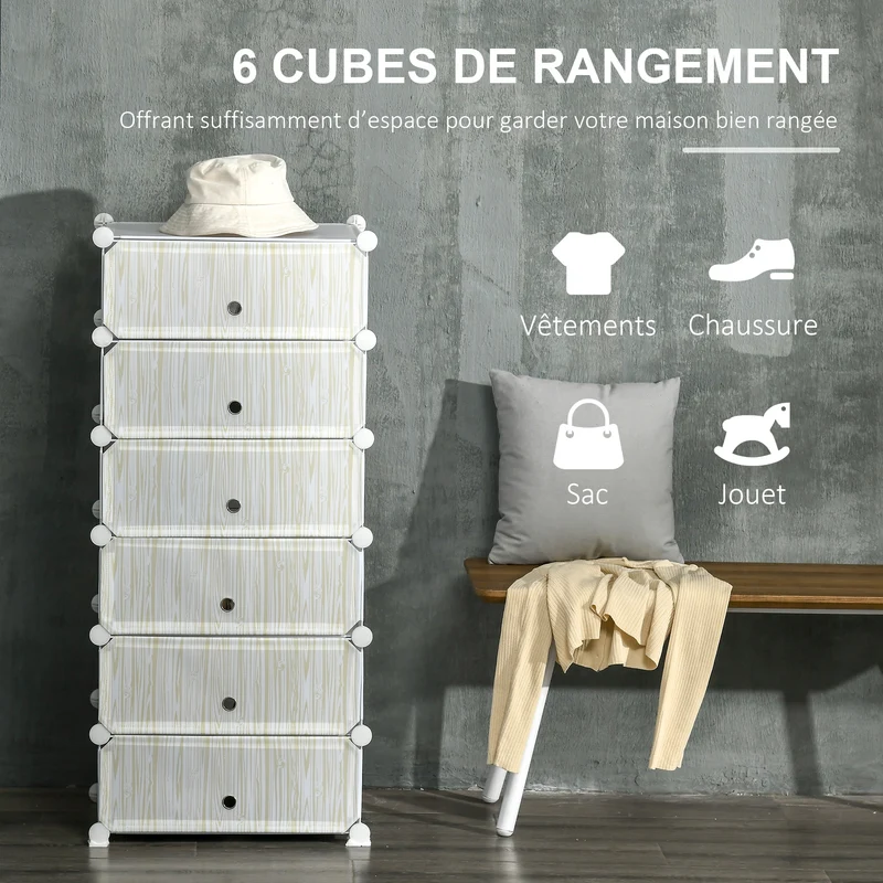 Armoire à chaussures modulable 6 cubes 49 x 36,5 x 108 cm capacité 12 paires gain de place idéal design épuré en PP blanc 21_0005799