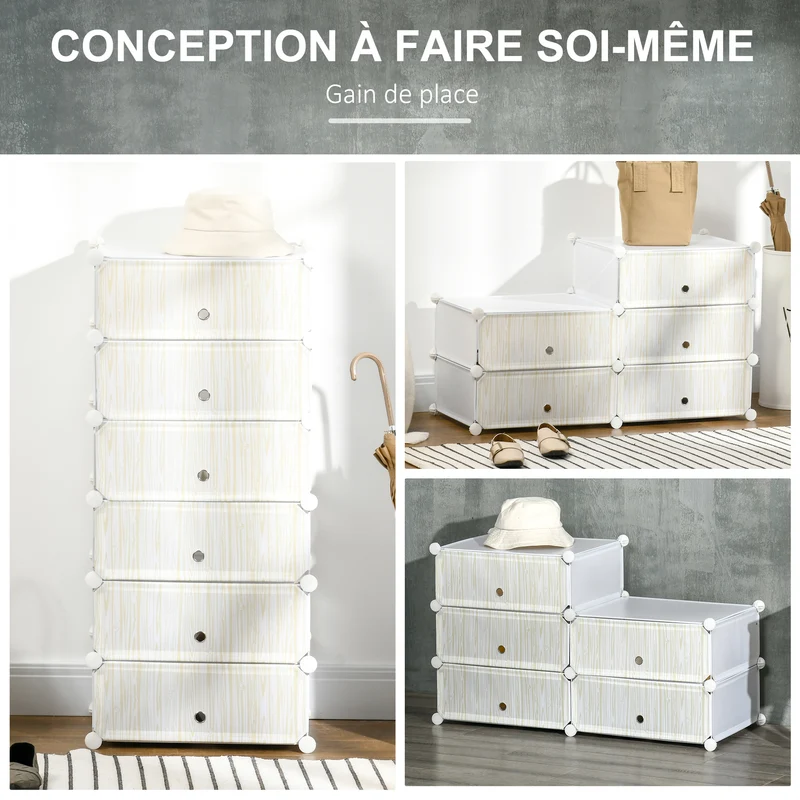 Armoire à chaussures modulable 6 cubes 49 x 36,5 x 108 cm capacité 12 paires gain de place idéal design épuré en PP blanc 21_0005799