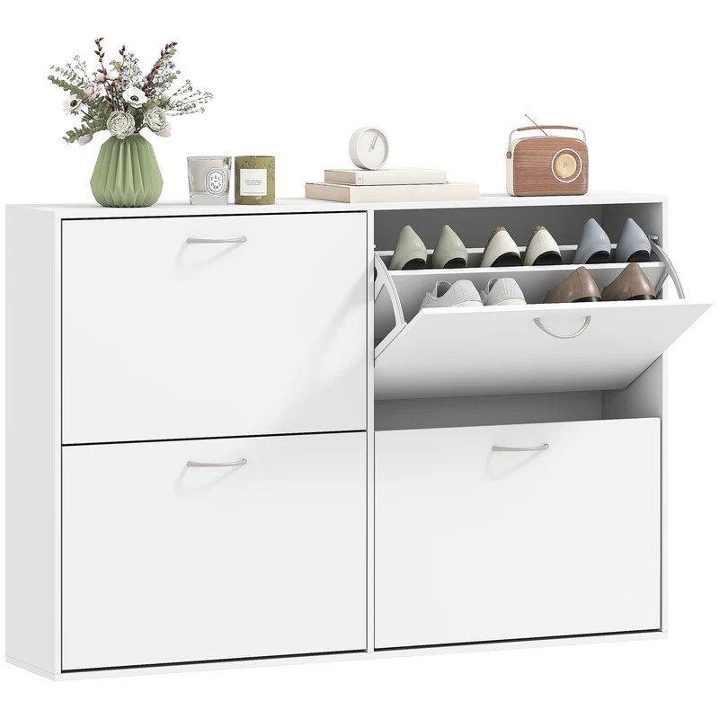 Armoire à chaussures 120 x 24 x 81 cm 4 portes double niveau gain de place moderne épuré en panneaux de particules blanc 21_0002586