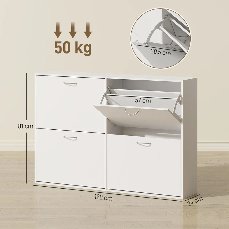 Armoire à chaussures 120 x 24 x 81 cm 4 portes double niveau gain de place moderne épuré en panneaux de particules blanc 21_0002586