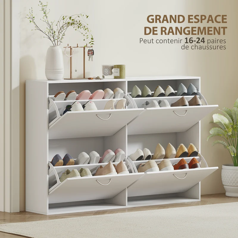 Armoire à chaussures 120 x 24 x 81 cm 4 portes double niveau gain de place moderne épuré en panneaux de particules blanc 21_0002586