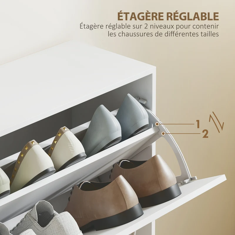 Armoire à chaussures 120 x 24 x 81 cm 4 portes double niveau gain de place moderne épuré en panneaux de particules blanc 21_0002586