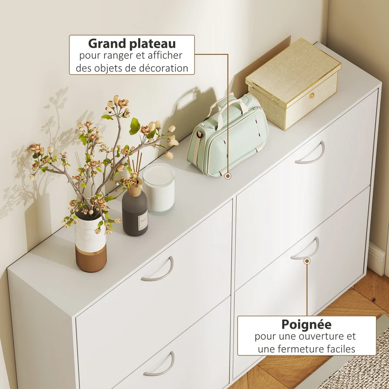 Armoire à chaussures 120 x 24 x 81 cm 4 portes double niveau gain de place moderne épuré en panneaux de particules blanc 21_0002586
