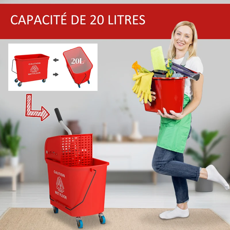 Chariot de nettoyage seau 20 l 60 x 27 x 70.5 cm essoreur intégré séparateur eau propre sale moderne épuré en PP rouge 21_0000922