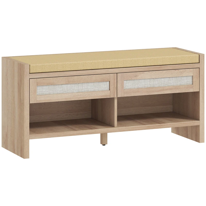 Banc à chaussures entrée 108 x 35 x 50 cm assise rembourrée 2 tiroirs scandinave contemporain fini mat en MDF marron 21_0002814
