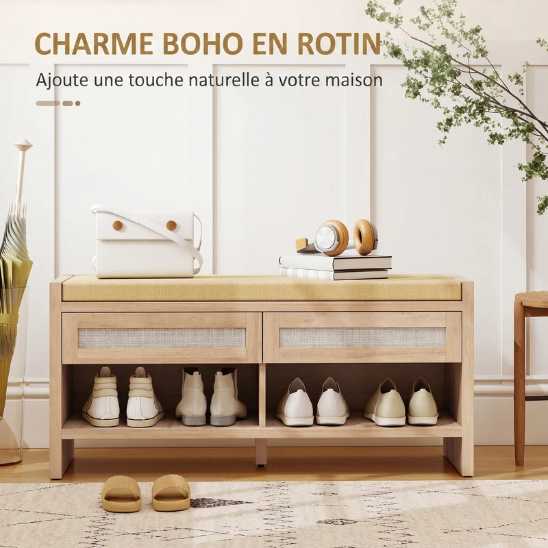 Banc à chaussures entrée 108 x 35 x 50 cm assise rembourrée 2 tiroirs scandinave contemporain fini mat en MDF marron 21_0002814